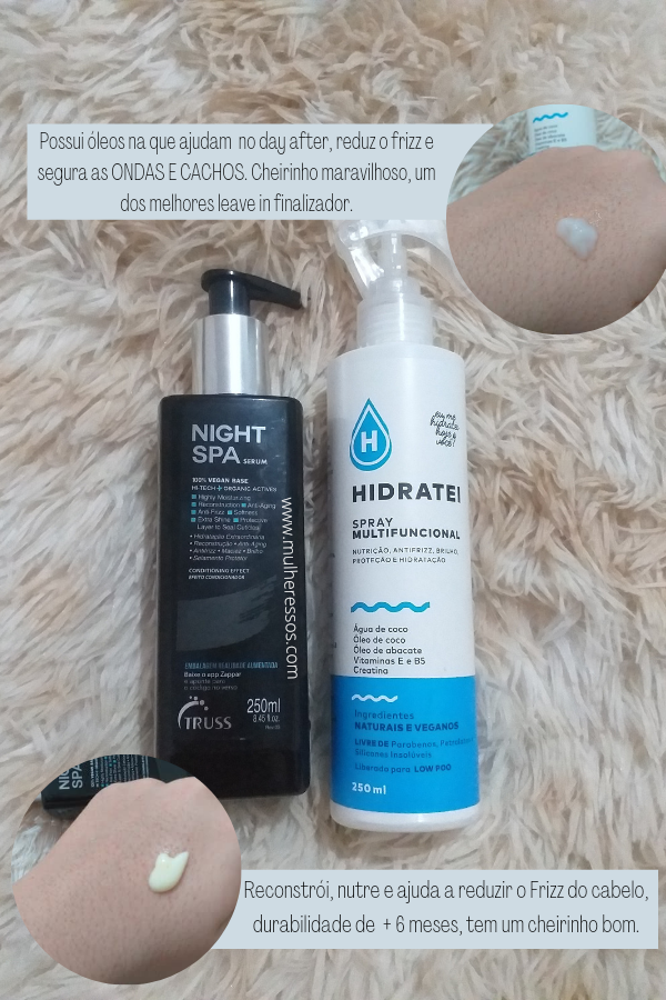 Benefícios do Night Spa da Truss e beneficios do Spray multifuncional da Hidratei no cabelo.